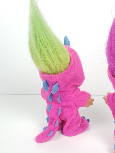 Set Of 2 Russ Troll Dinosaur Costume Doll 5” Neon Green And Purple Hair Vintage - Picture 6 of 6