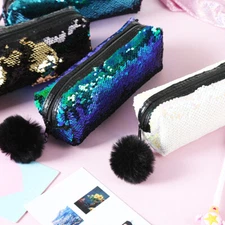 Sequin Pencil Case Pouch Fur Ball Cosmetic Makeup Bag Pen Stationary Organizer