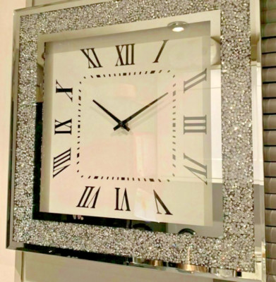 SPIEGELGLAS WANDUHR SILBER CRUSHED DIAMOND KRISTALL GEFÜLLT BLING GESCHENK 46x46cm