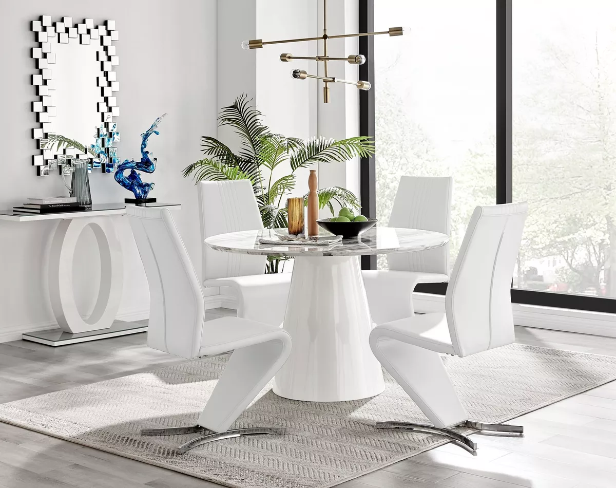 PALMA White Marble Effect Round Pedestal Table 4 Faux Leather