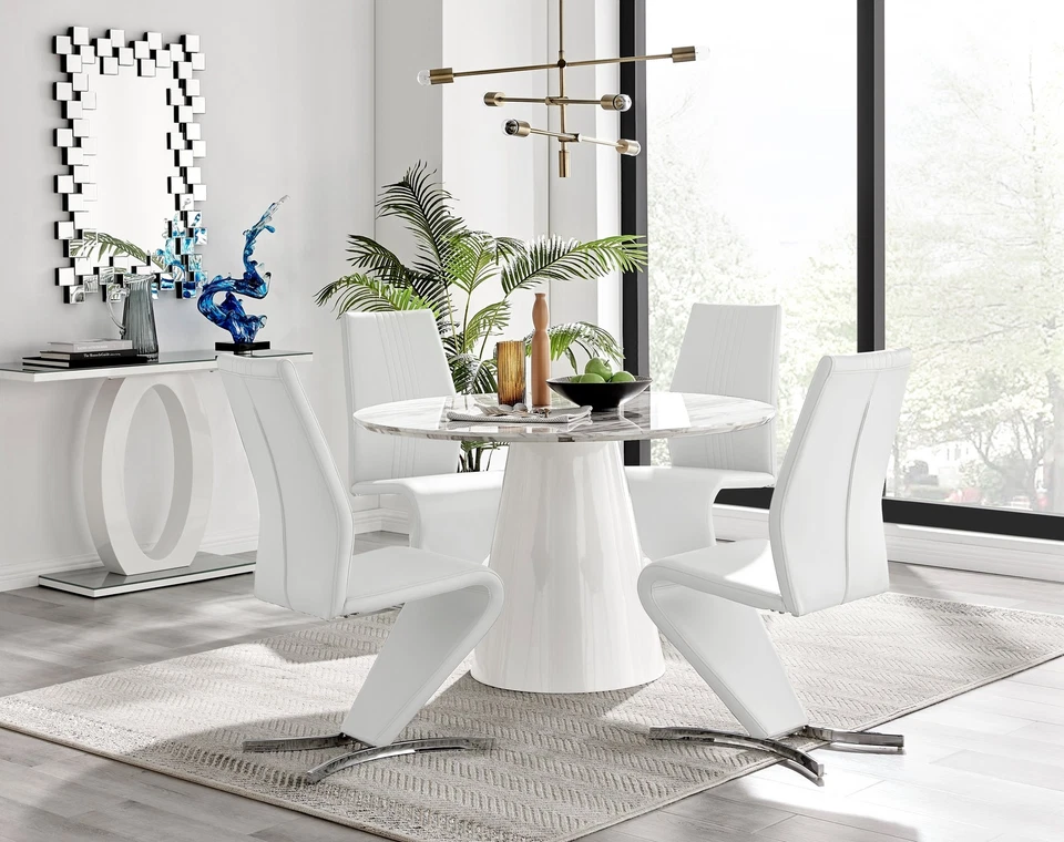 PALMA White Marble Effect Round Pedestal Table & 4 Faux Leather Willow Chairs