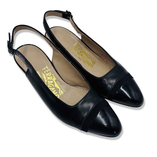 SALVATORE FERRAGAMO Black Patent Leather Kitten Block Heel Slingback Shoes 5B