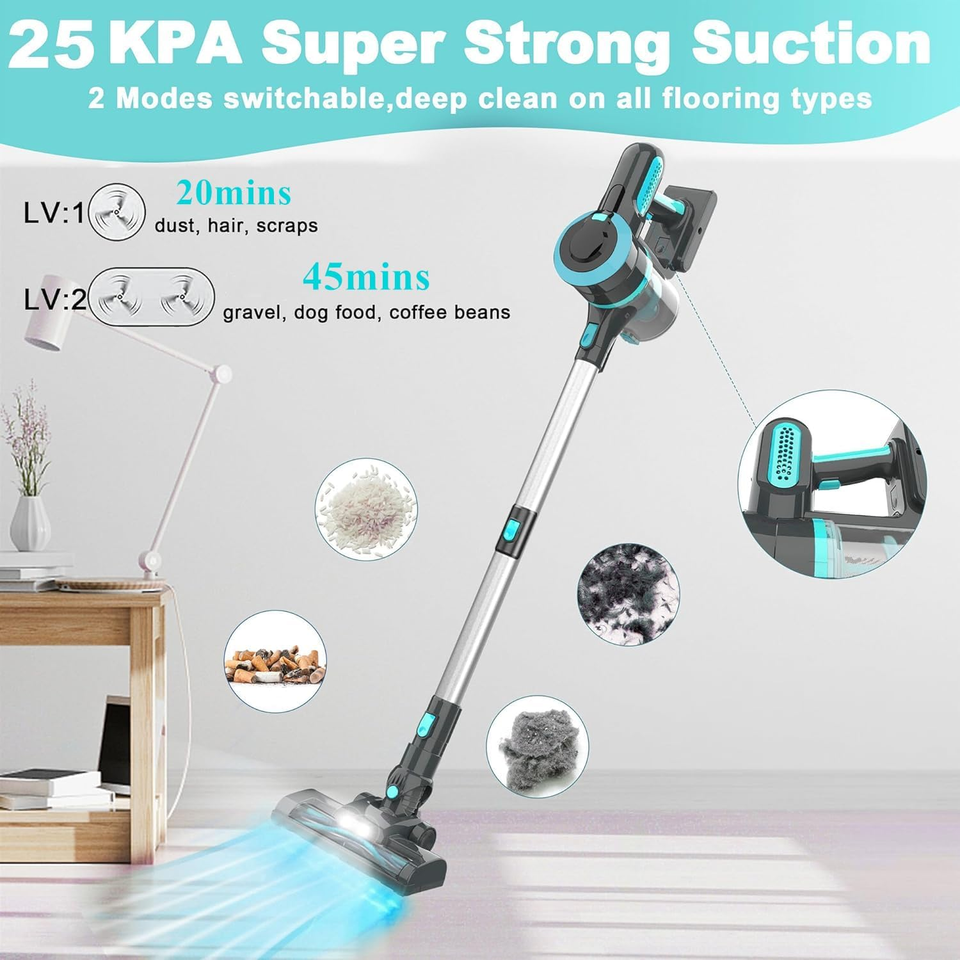 Cordless Vacuum Cleaner, 25Kpa Stick Vacuum Cordless Rechargeable