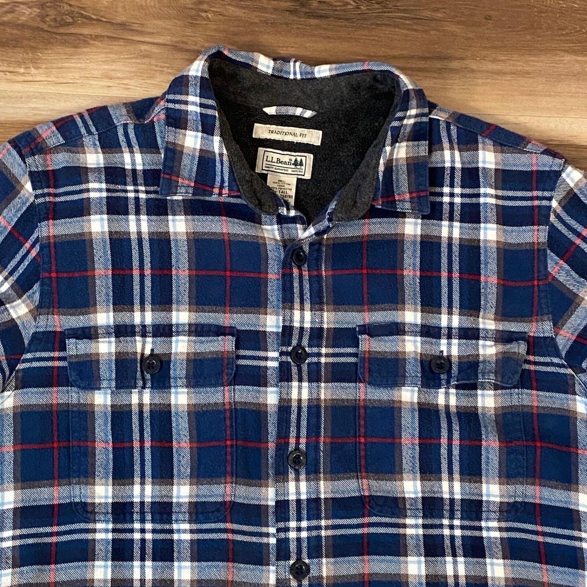 ボタン LL Bean Flannel Shirt Jacket Mens Medium Tall Blue Plaid Fleece