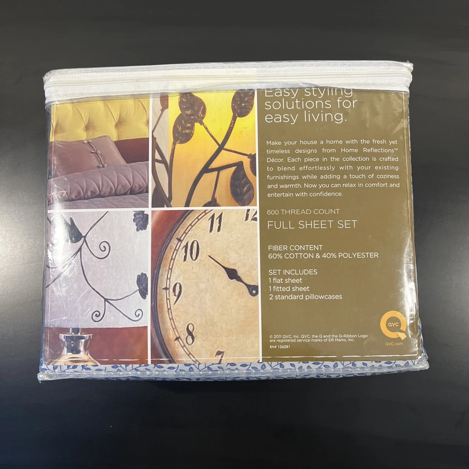 Hojas de mezclilla QVC Home Reflections 600 hilos Ct. Completo 4 piezas Juego de sábanas-azul y blanco Foto 2 de 4