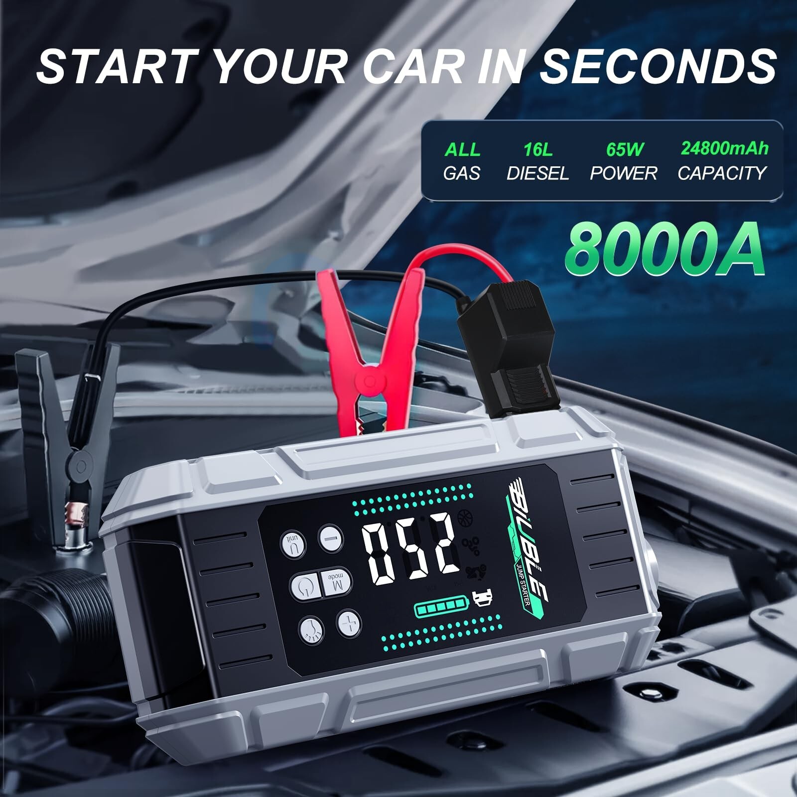 8000A Jump Starter with Air Inflator/Deflator Compressor, 65W Charging Car Ba...