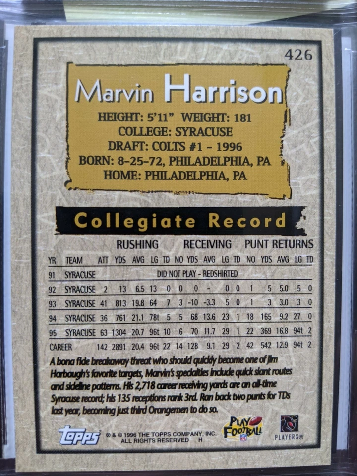 1996 Topps Marvin Harrison Rookie #426 - Image 2 of 2