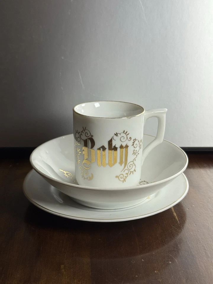 3-teiliges antikes Porzellan BABY FÜTTERUNGSSET mit passender Schale, Teller, Becher Germany - Bild 2 von 4