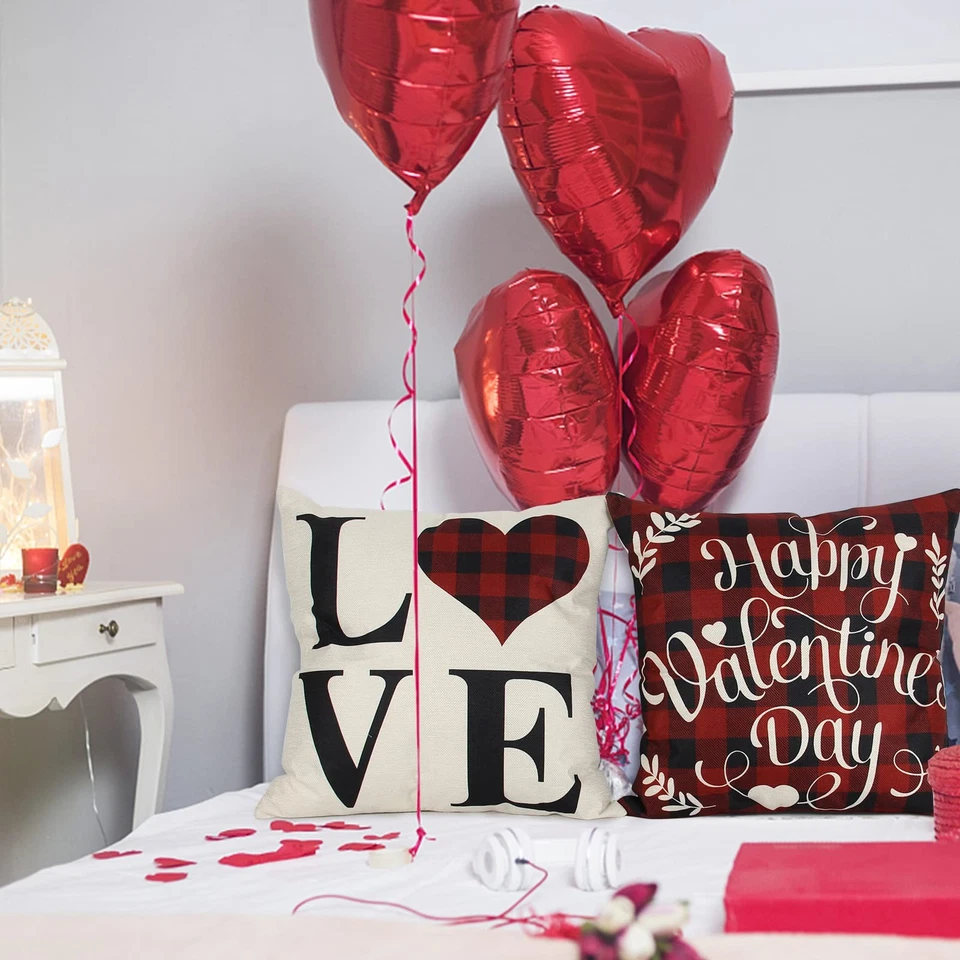 Valentines Day Pillow Covers 18x18 Inch Set of 4, Buffalo Plaid Red Heart Val... - Image 3 of 4