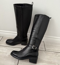 Women's Black Knee High Long Boots Faux Leather Stretch Back Panel Buckle Sizes