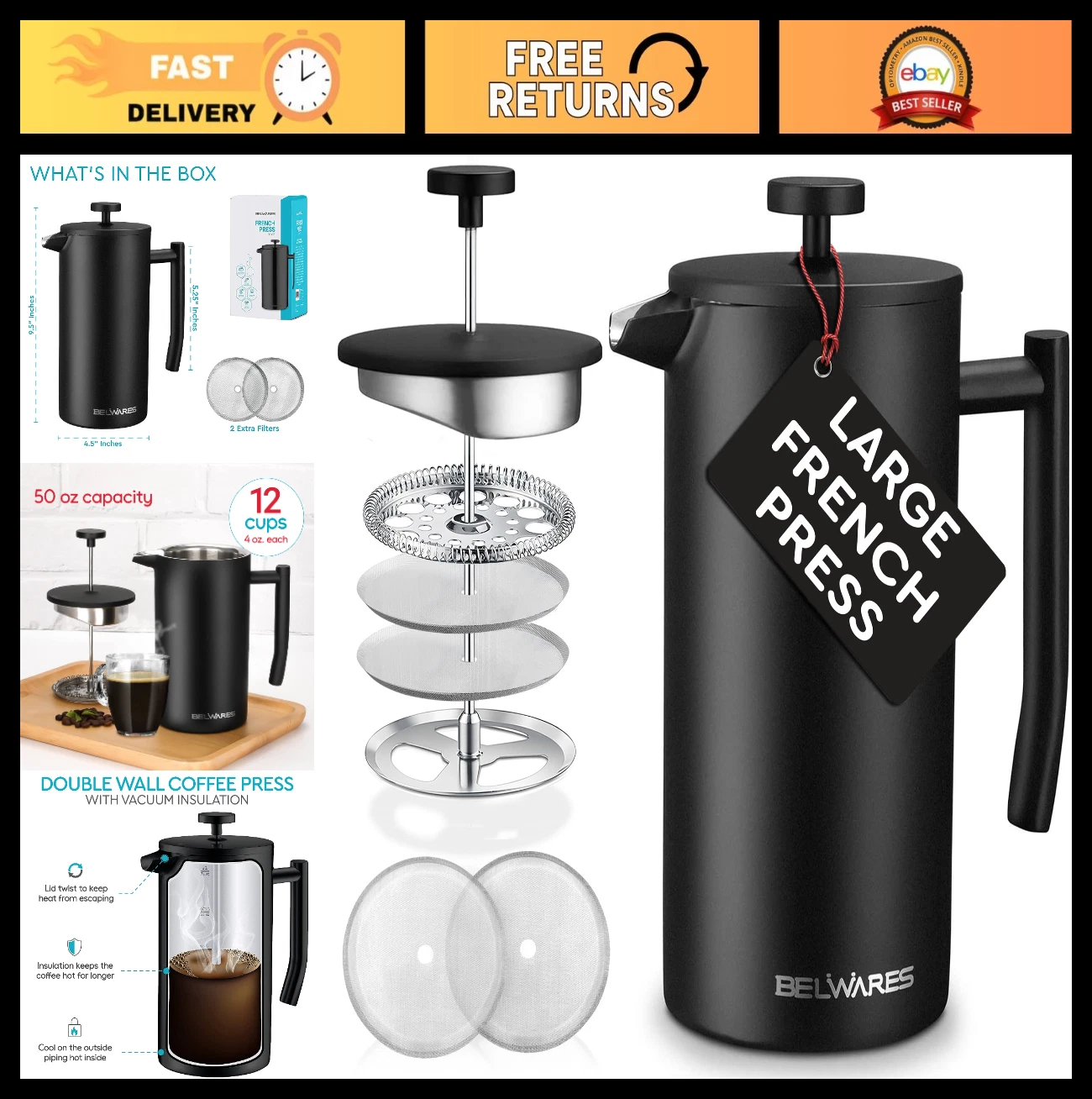 Large 50oz French Press Coffee Maker - Stainless Steel, Double Wall Insulated, 4