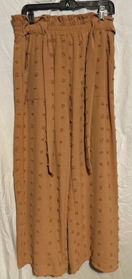 IWOLLENCE Women's Brown High Waist Wide Leg Pants with Swiss Dot Texture and Tie