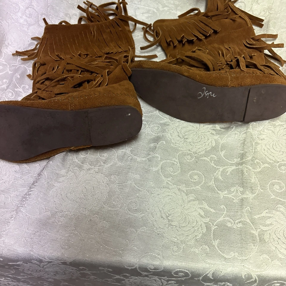 Mujer Marrón Gamuza, Hecho a Mano, Mocasines de Cuero Festival Hippie Nativo Flecos Foto 4 de 4