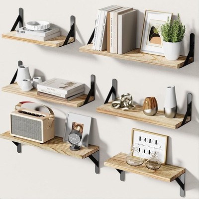 Wall Shelves Set of 6, Rustic Farmhouse Style, Wood Floating Shelves for Wall...