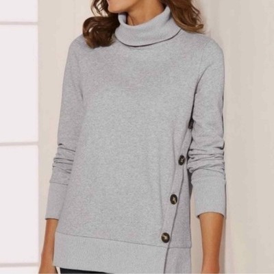 Soft Surroundings  Lidia Side Button Turtleneck Sweatshirt Grey Medium
