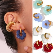 Acrylic Hoop Earrings Flower Resin Gold Tone Circle Jewelry Women 1 Pair