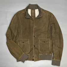 Gimos Men Brown Raw Edge Suede Casual Bomber Jacket Button Front Pockets