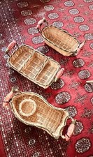 Vintage Wicker/Rattan Handwoven Set Of 3 Baskets W/Ceramic Koi Fish Handles