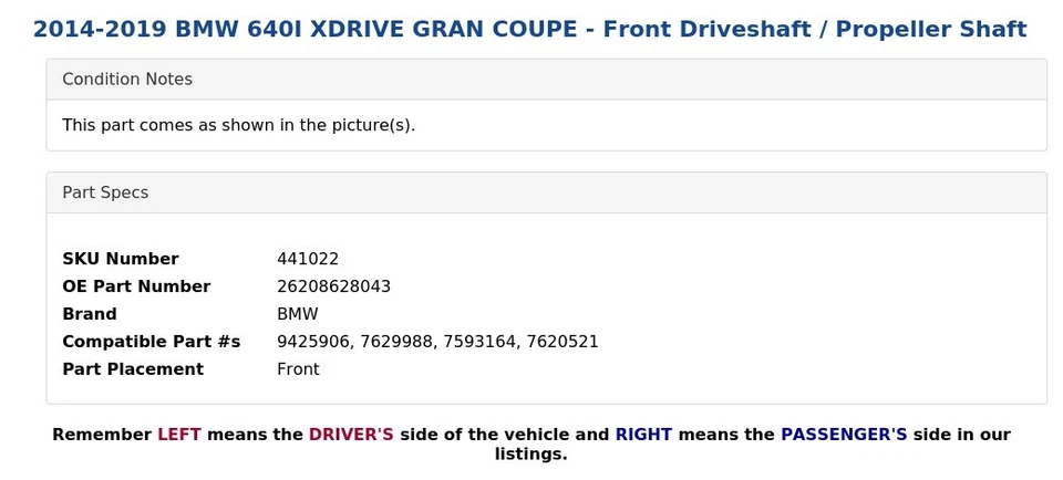 2014-2019 宝马 640I XDRIVE GRAN COUPE - 前传动轴/螺旋桨轴 — 第 3/4 张图片