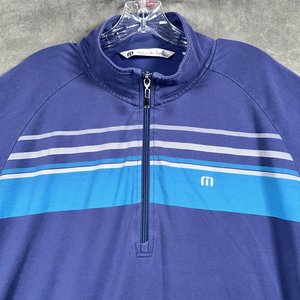 Pullover Travis Mathew Para Hombres XL Azul Rayas 1/4 Bolsillos con Cremallera Rendimiento Elástico Foto 2 de 4