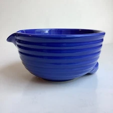 Clay Art Blue Batter Bowl Blue Ribbed Behive Spout 7” Mixing Ceramic Bottom Pour