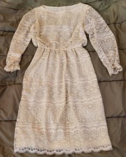 Vintage 70s Lace Boho Wedding Dress Long Sleeve ILGWU Union Made 1920s Revival M