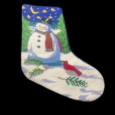 Needlepoint Snowman With Cardinals Stocking Wood Starry Night Sky Green Backing
