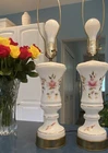 VTG Pair Floral Rose Painted White Milk Glass Table Lamps Night Light 3 Way