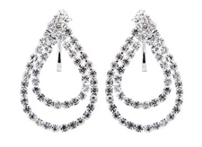 CLIP ON EARRINGS - silver plated with clear crystal loops drop earring - May C 