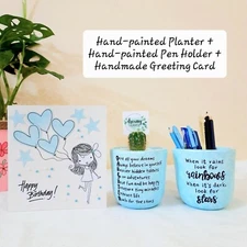 Customizable Gift Pack - Hand-Painted Planter, Pen Holder and Hand-Made Card