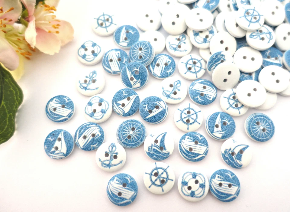 10x Knopf 15mm Rund Maritim Anker Boot Knöpfe Kinder Jungen Buben blau weiß Meer - Bild 3 von 4