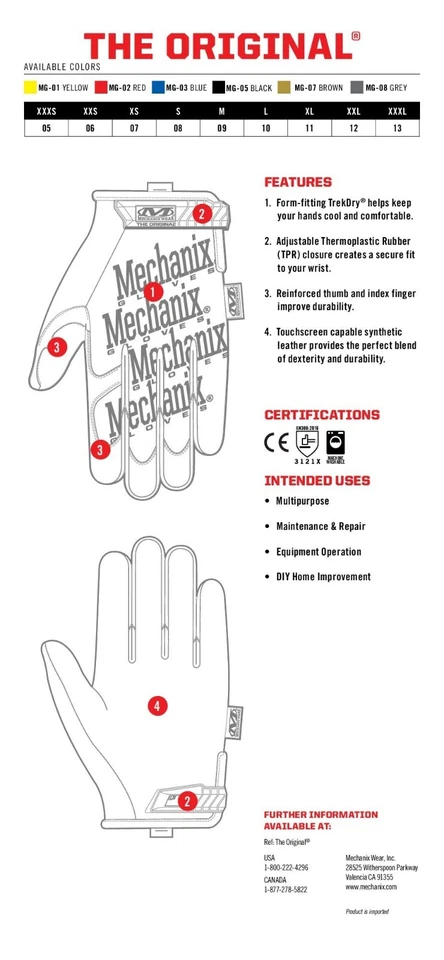 Luvas de trabalho mecânicas confortáveis multiuso MG05 BLACK Mechanix alta qualidade - Imagem 3 de 3