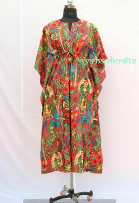Cotton Red Frida Kahlo Kaftan Gown Sleepwear Night Dress Beach Coverup Maxi