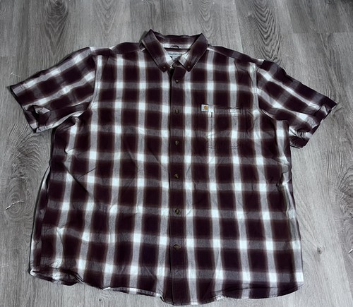 Men’s Carhartt Relaxed Fit Button Down Short Sleeve Shirt Brown & Ivory 2XL - Picture 3 of 10