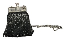 Cache Beaded Evening Bag Purse Clutch with Chain Strap Black Silver