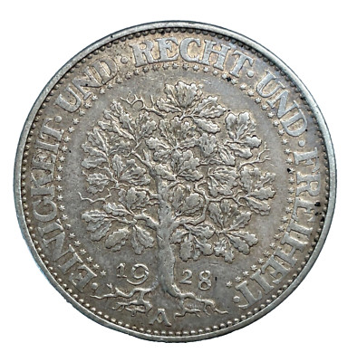 1928-A GERMANY WEIMAR Eagle & Oak Tree 5 Reichsmark Scares Silver Coin - KM 56