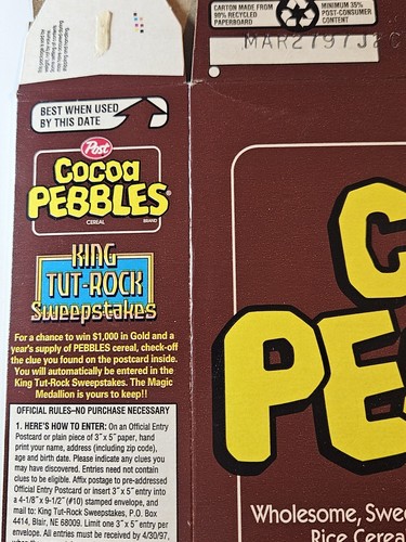1997 Flintstones Post Cocoa Pebbles Empty Cereal Box Flat King-Tut Sweepstakes + - Picture 2 of 12