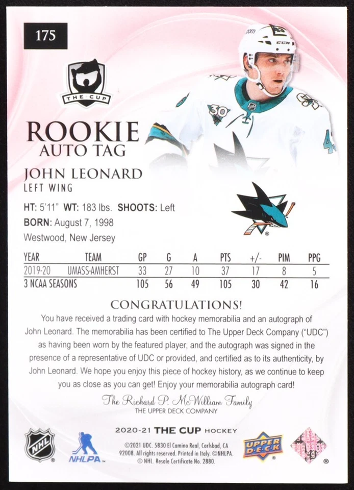 2020-21 THE CUP JOHN LEONARD ROOKIE PATCH AUTO TAG RED # 1/4 RPA - Image 2 of 2