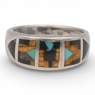 VINTAGE SOUTHWESTERN BLACK ONYX TURQUOISE JASPER INLAY RING 14K WHITE GOLD SZ 9