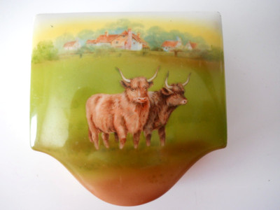 Royal Bayreuth Bavaria *Scottish Highland Cattle* Trinket Box Old Blue Mk. c1900