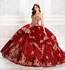 Burgundy Sweetheart Gold Ruffle Quinceanera Ball Gown Glitter Long Train Dress