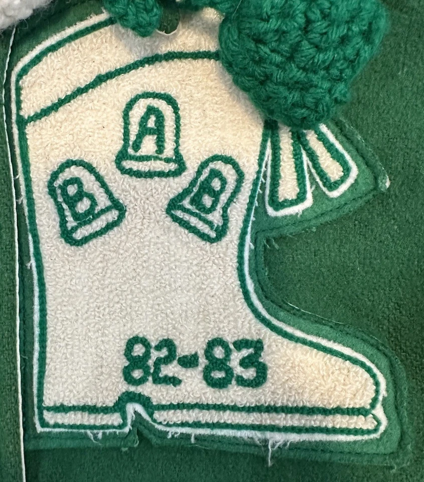 Chaqueta Letterman vintage de los años 80 para mujer talla pequeña parche de bota ABB defectos verdes Foto 2 de 4