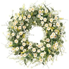 Daisy Wreath 24 Inch with Fake Silk Floral Green Eucalyptus Leaves and White