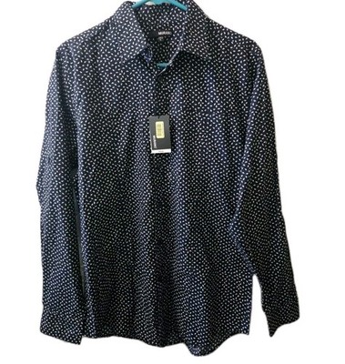 Murano Men s Long Sleeve Button Down Shirt Navy White Micro Print Size L NWT