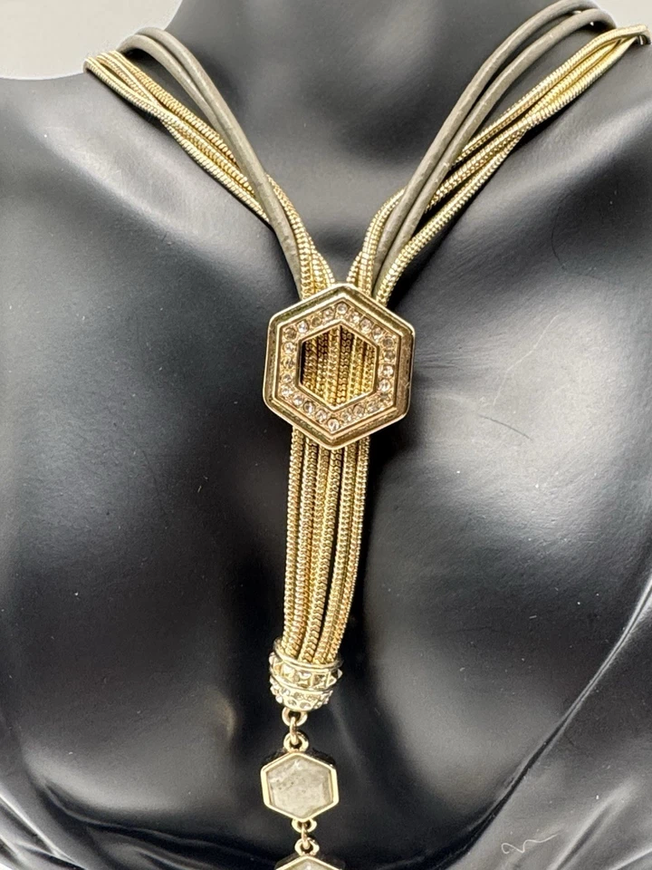 WHBM White House Black Market Hexagon Tassel Statement Necklace Gold Tone - Image 2 of 4