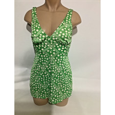 Vintage 1960s Green White Polka Dot Skirted One Piece Swimsuit Size 14