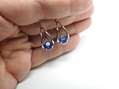 Signed ATI BR Blue Rhinestone Silver Tone Hoop Pierced Earrings Vintage