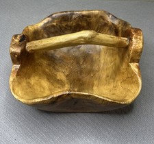 Hand Carved Burl Root Wood Basket Bowl W/ Handle 12x12x5