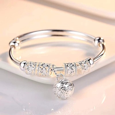 Fine 925 Sterling Silver Hollow Bells Ball Bangles Adjustable Bracelets for Wome