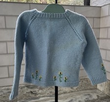 Vintage Handmade Wool Boys Sweater With 3 Buttons Blue W/Yellow Green Flowers